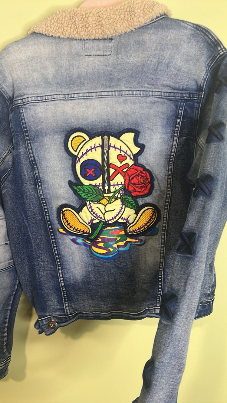 BKYS Bear Rose Embroidered Distressed Denim Jean Jacket   Medium - Picture 4 of 8